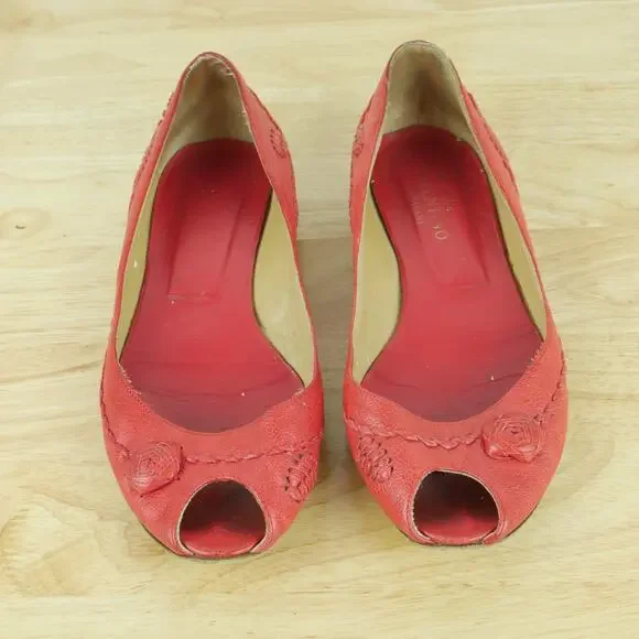 Valentino Garavani 38 Shoes Slip On Ballet Flats Peep Toe Red Leather Luxury - Picture 5 of 16